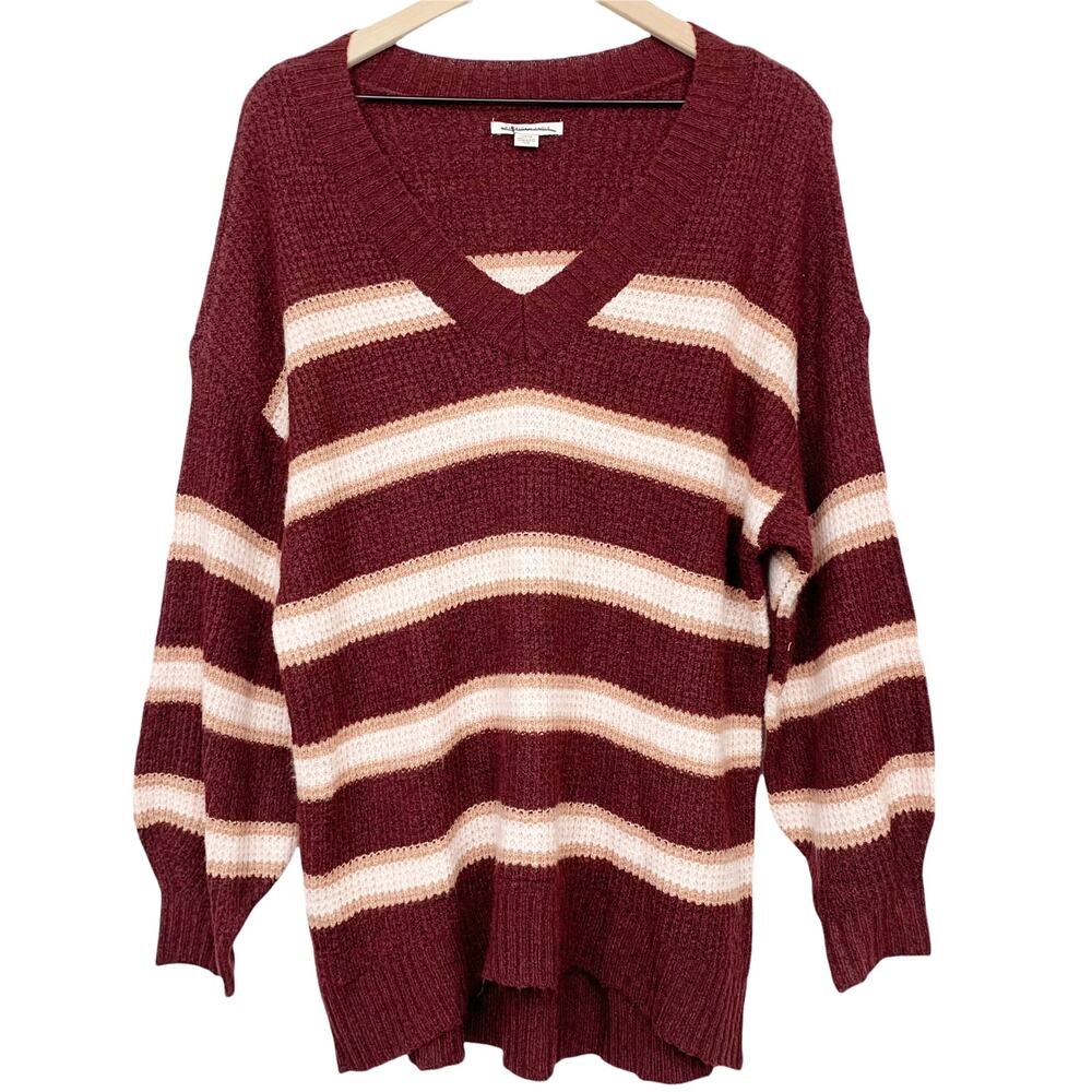 American Eagle Sweater Oversized Size Small Maroon Striped V Neck Balloon Sleeve